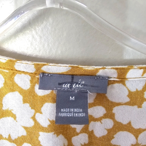Aerie Floral Wrap Mini Dress Mustard & White Flutter Sleeve Size M cottagecore - Picture 5 of 8
